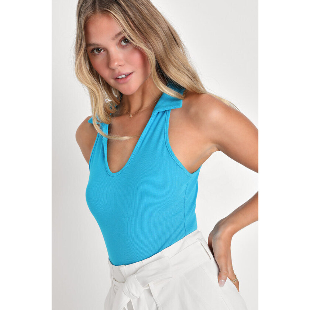 Lulus Sunny Trend Turquoise Ribbed Knit Sleeveless Collared Bodysuit Blue